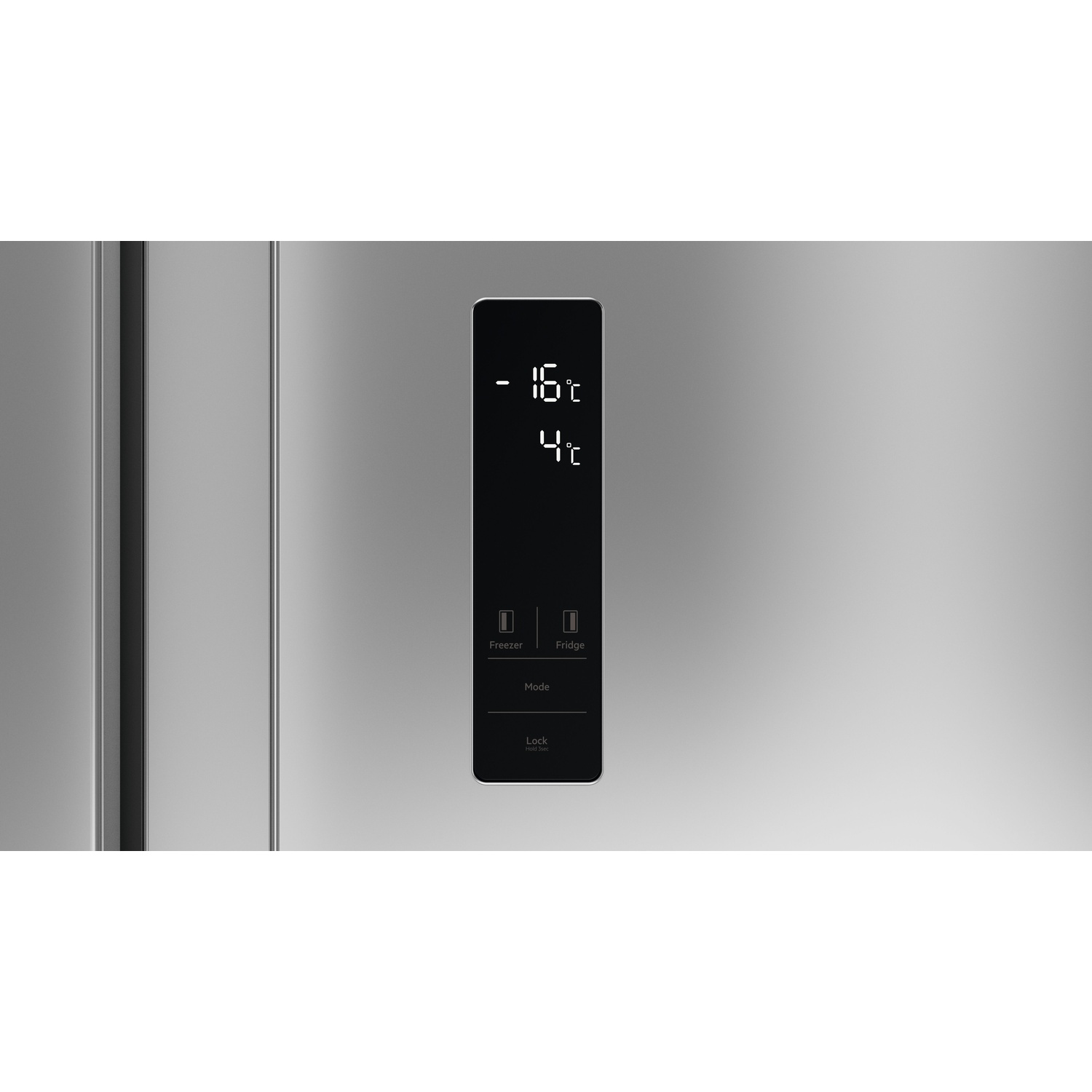 Display frigorifero mostra -16°C e 4°C. Pulsanti: Freezer, Fridge, Mode, Lock.