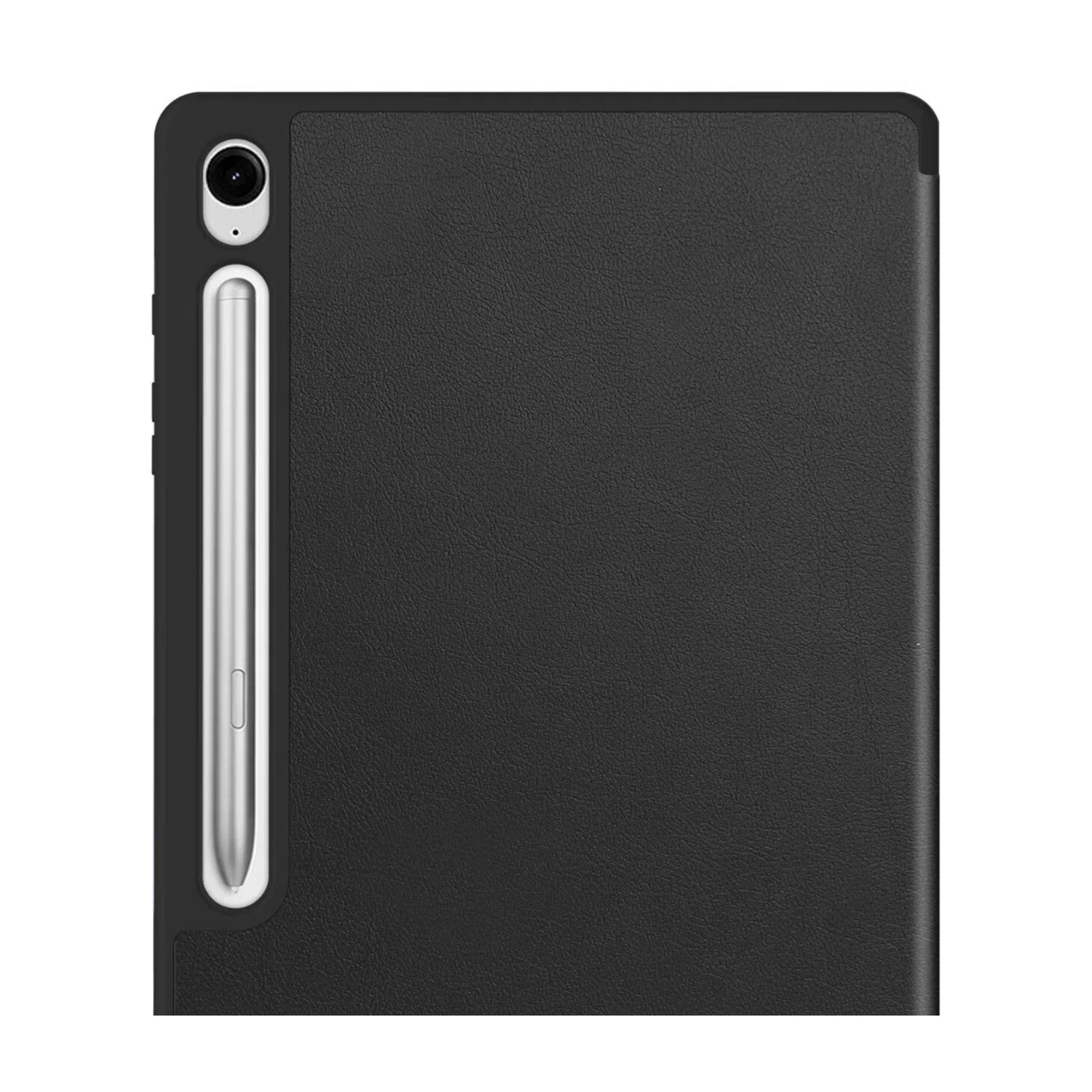 Custodia nera per tablet con portapenne e foro per fotocamera.