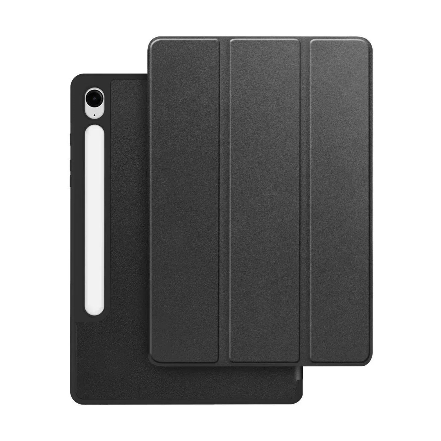 Custodia nera per tablet con tre alette pieghevoli e portapenne.