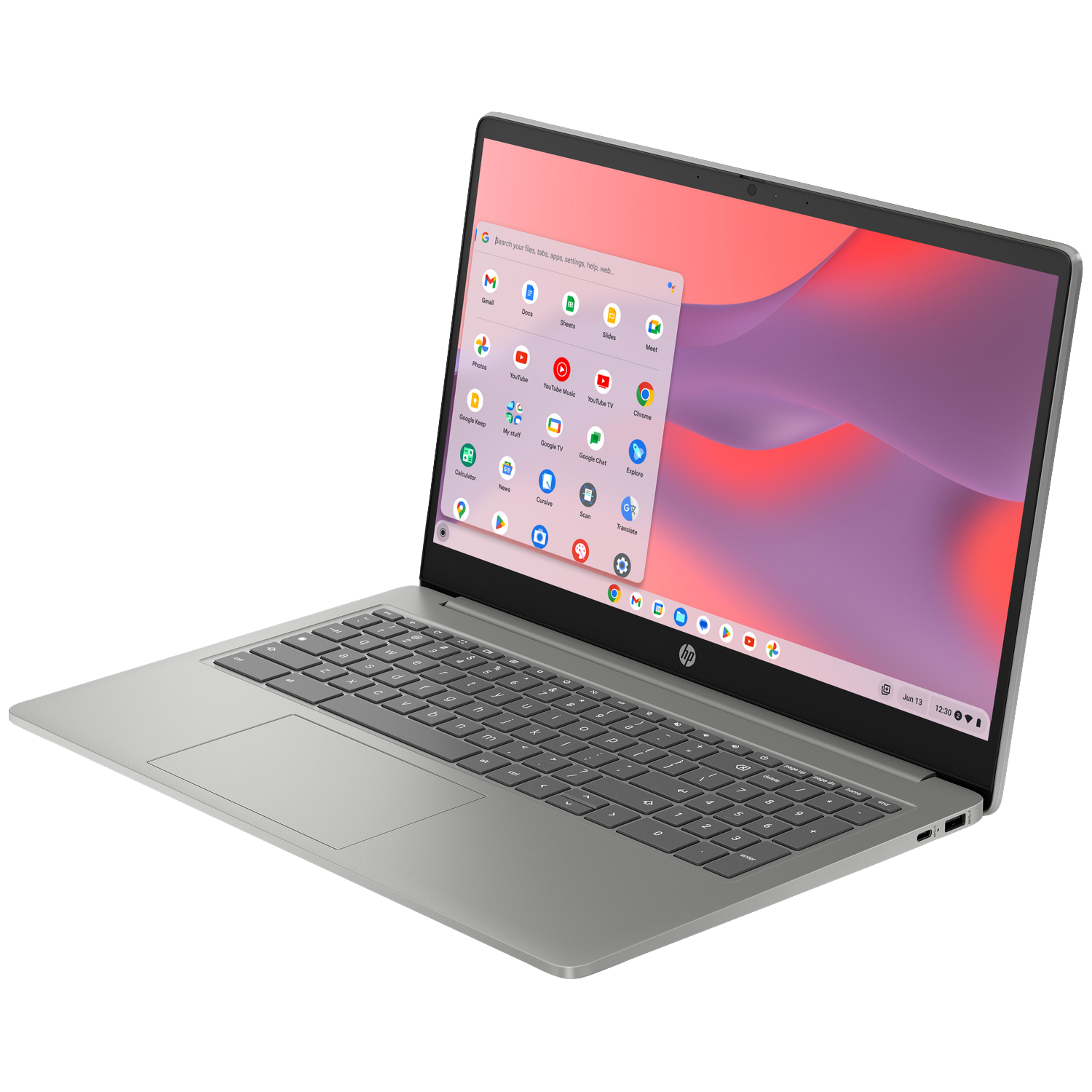 A gray HP Chromebook laptop with its app overview open, showing colorful wallpaper.