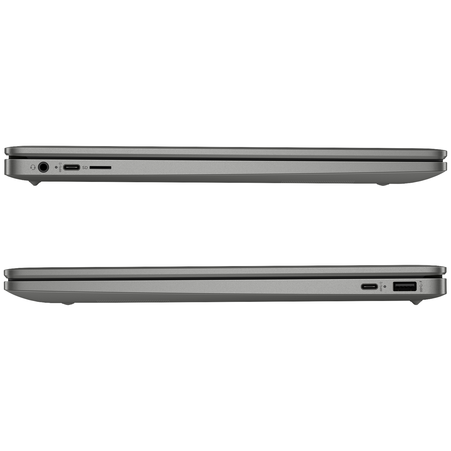 Silver laptop side view: headphone jack, USB, SD card slot, USB-C, USB-A.