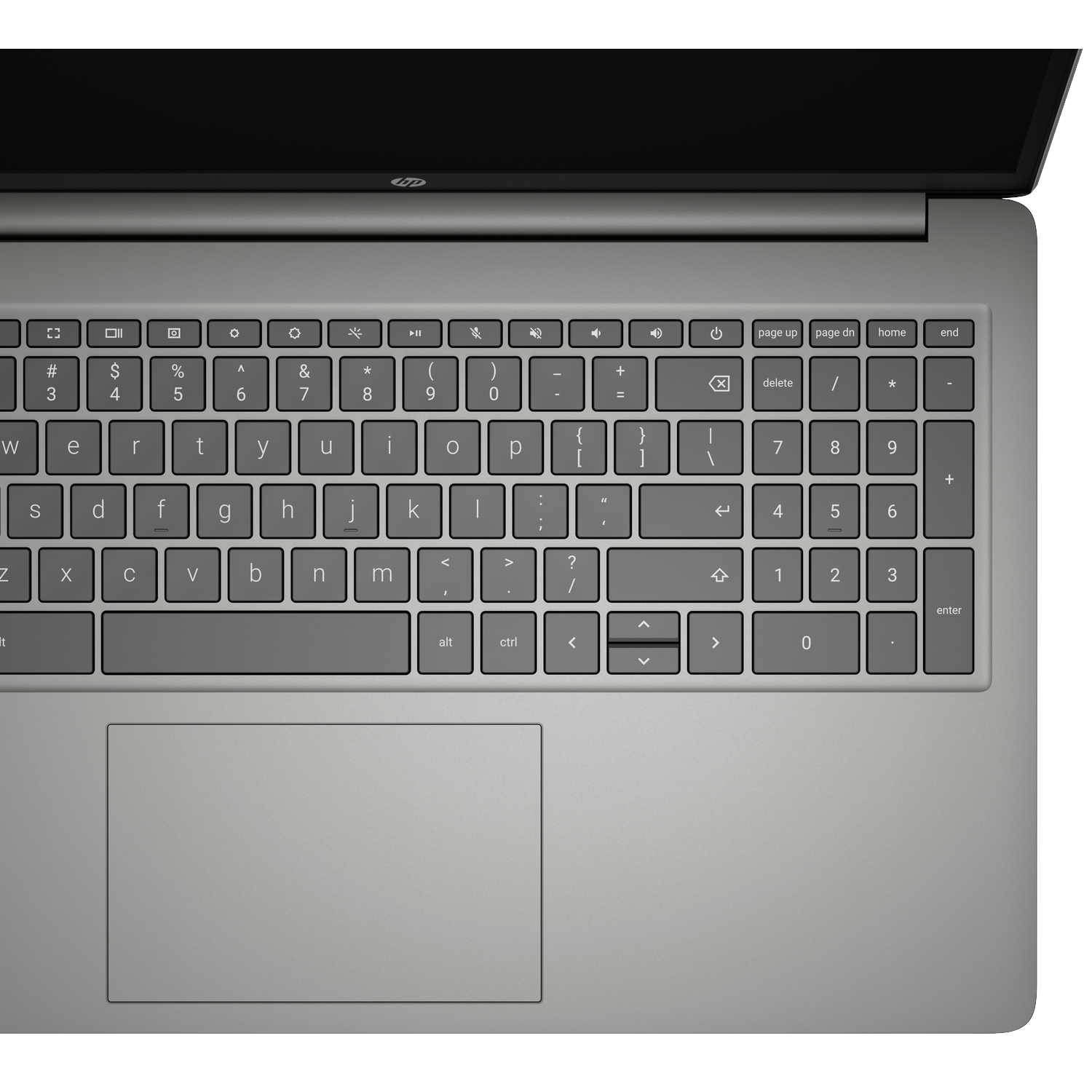 Silver laptop with open screen and keyboard. A touchpad is visible.