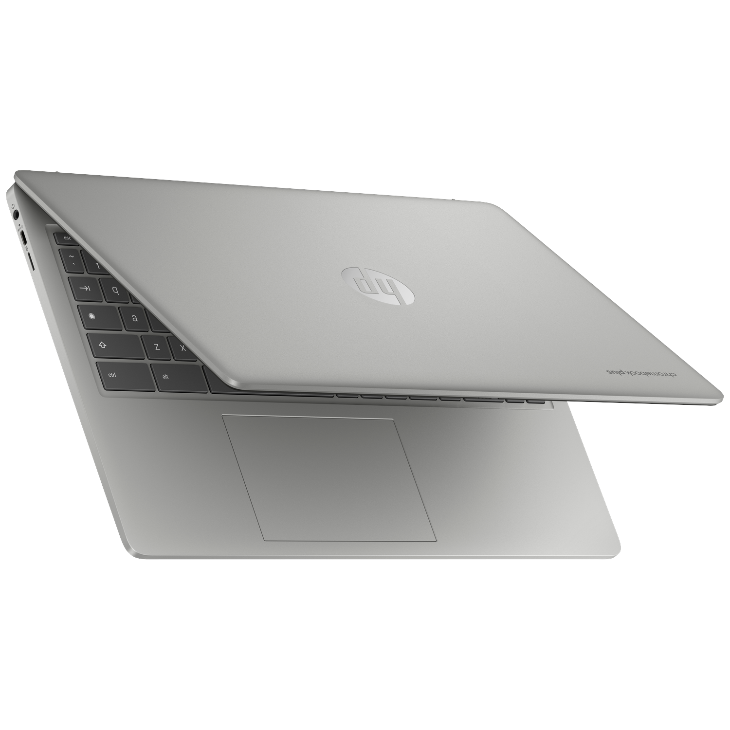 A silver HP Chromebook with its lid open against a white background.