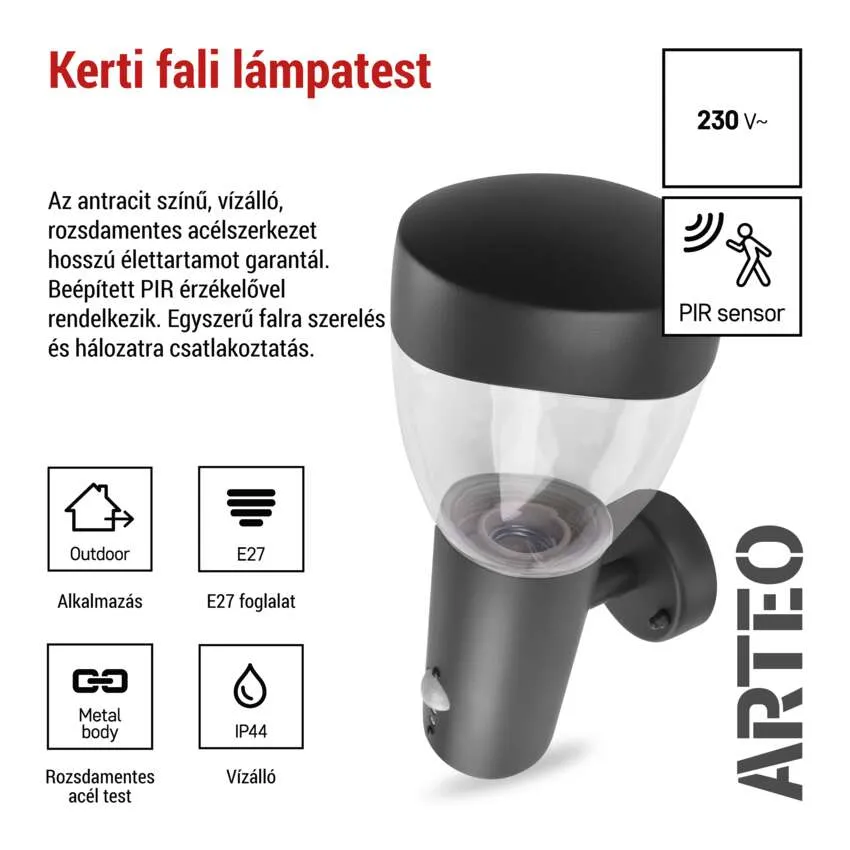 Fekete kültéri fali lámpa PIR-érzékelővel, E27 foglalattal, fém házzal.