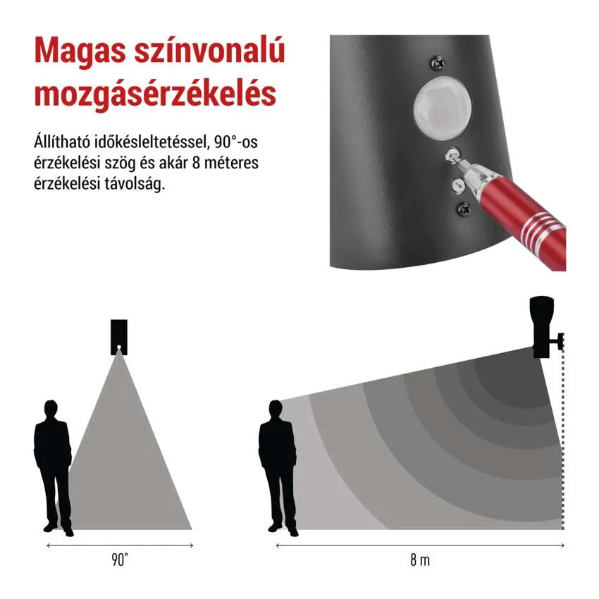 Mozgásérzékelő, 90° látószög, 8m hatótávolság, állítható késleltetés.