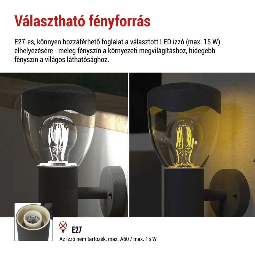 Két fali lámpa E27-es foglalattal és izzóval, az egyik meleg, a másik hideg fénnyel.