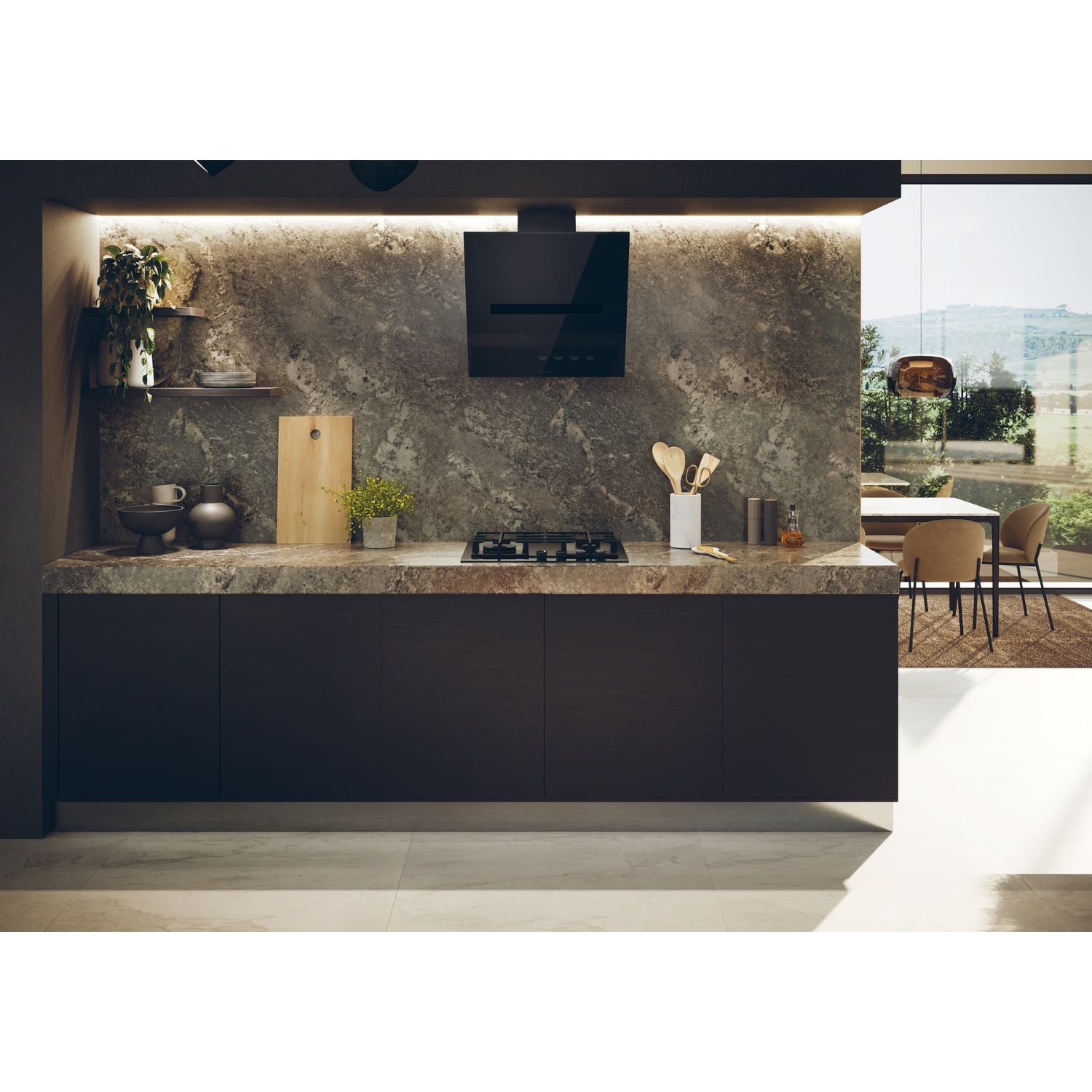 Cucina moderna con paraschizzi in marmo, cappa e zona pranzo esterna.
