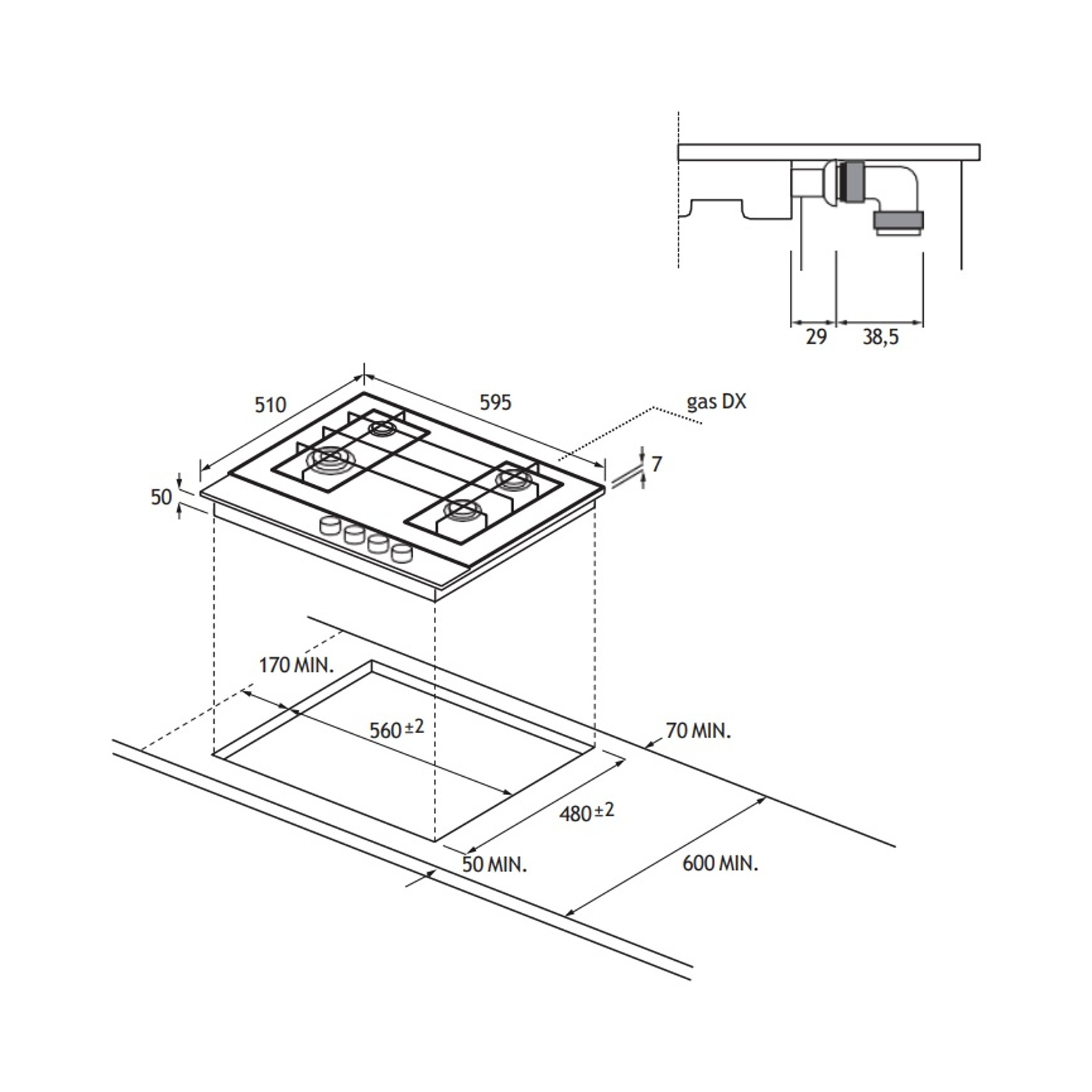 Disegno tecnico di un piano cottura a gas con dimensioni di installazione.
