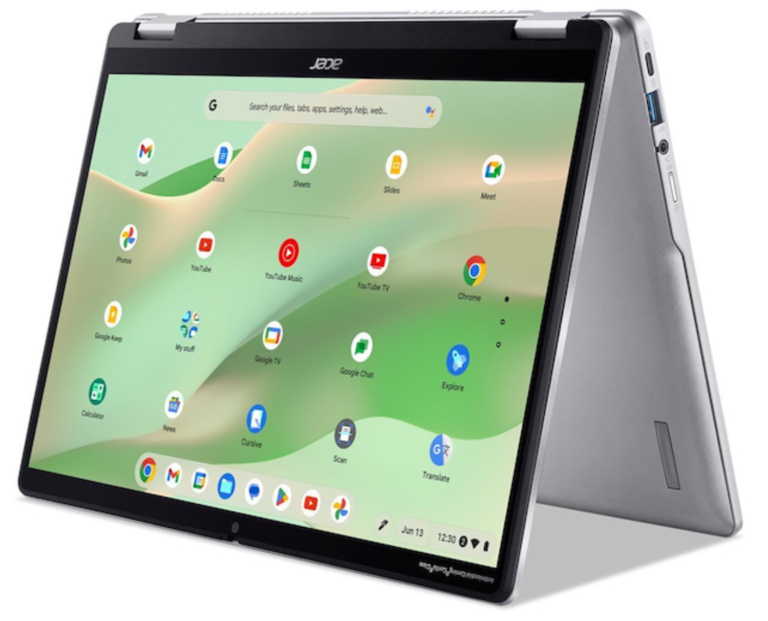 Un portátil plateado Acer con la pantalla abierta, mostrando la interfaz de ChromeOS.