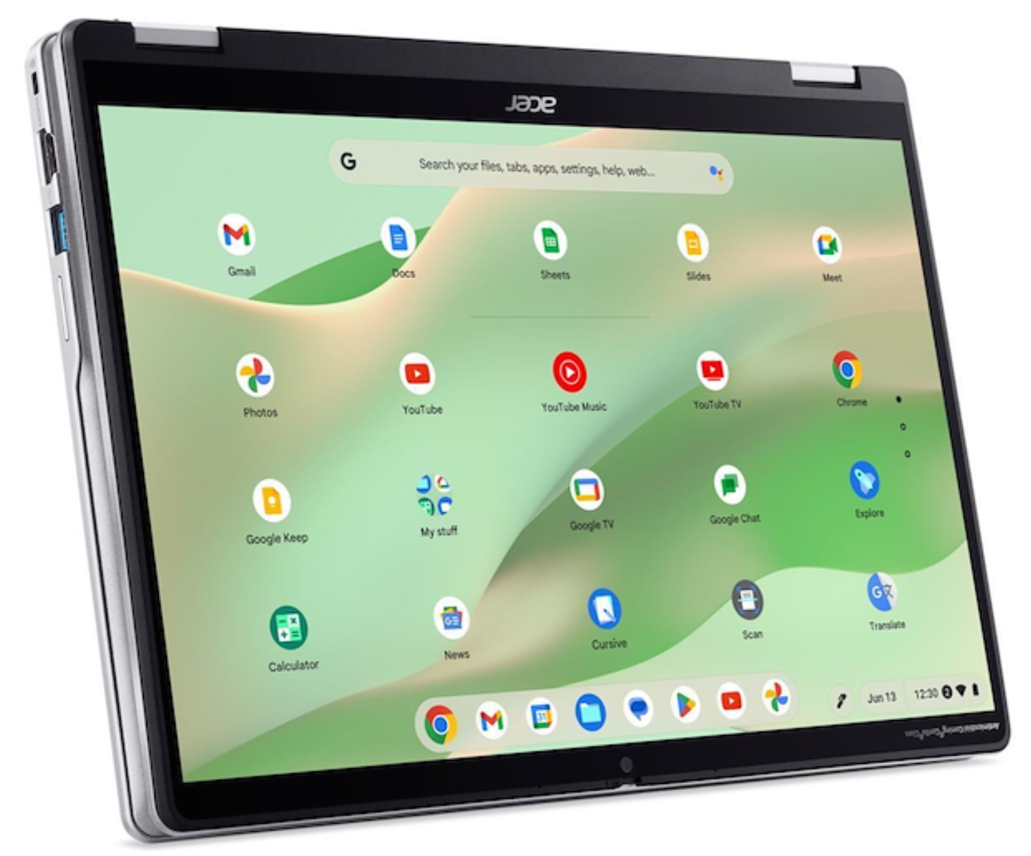 Una tableta Acer Chromebook plateada muestra la pantalla de inicio de Chrome OS con iconos.