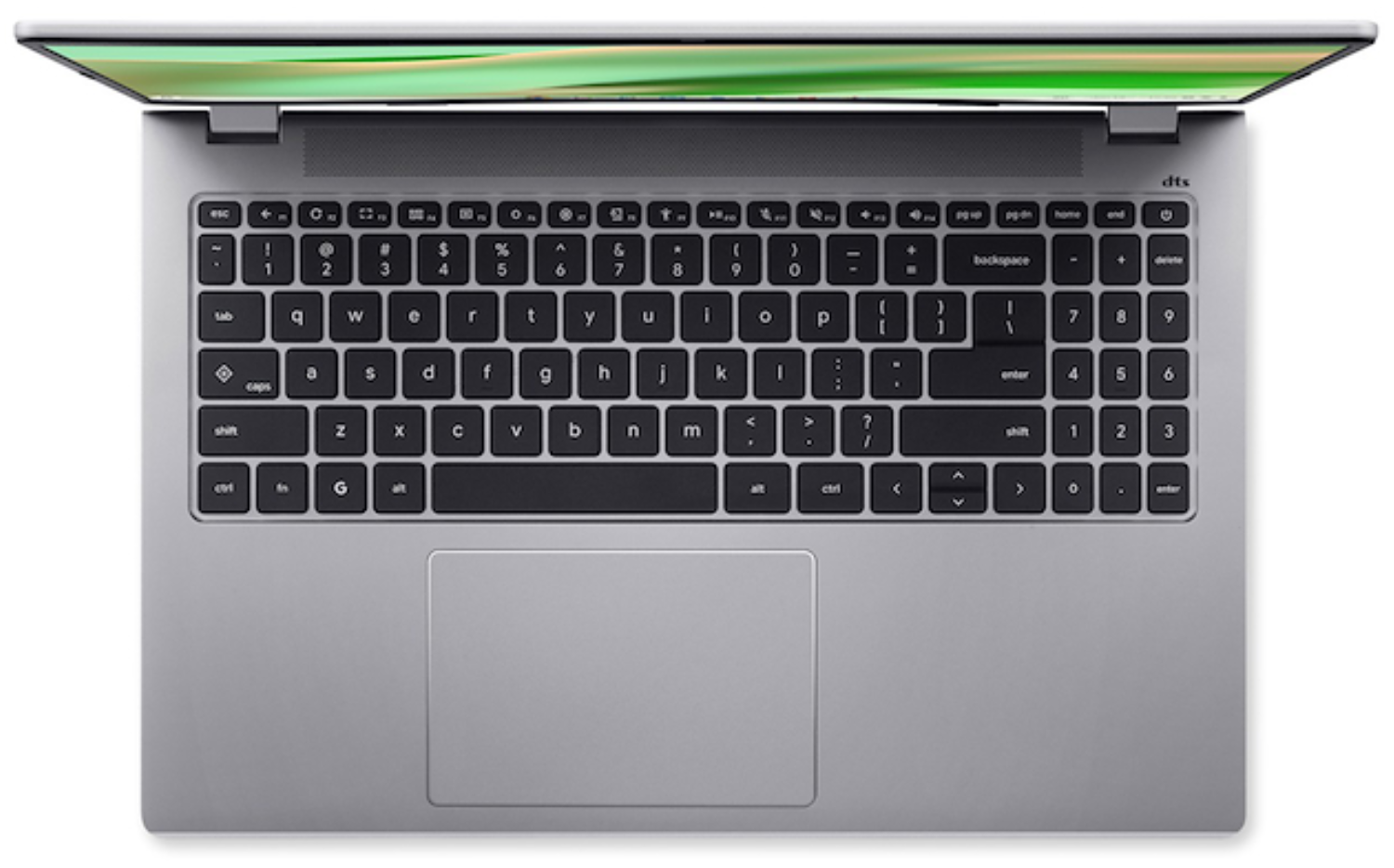 Un portátil plateado con la pantalla abierta, mostrando el teclado.