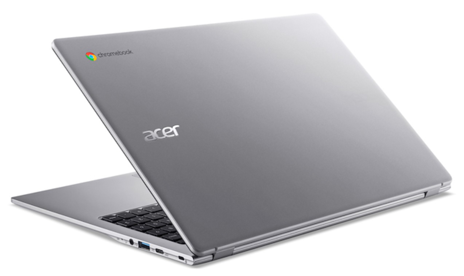 Un portátil plateado Acer Chromebook, parcialmente abierto, mostrando teclado y puertos.