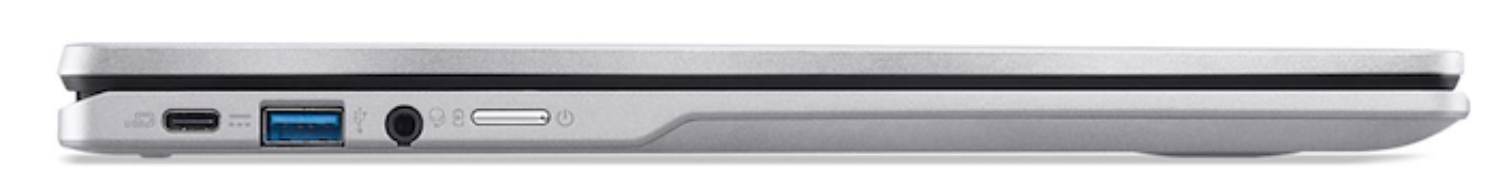 Vista lateral de portátil plateado con USB-C, USB-A, conector de audio y botón de encendido.
