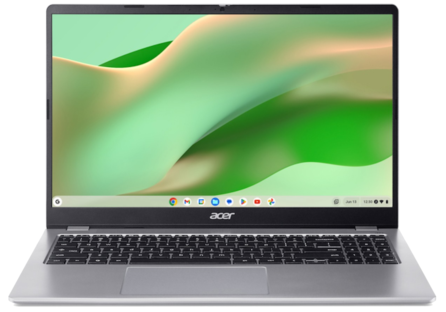 Un portátil plateado Acer con teclado y pantalla que muestra un fondo verde.