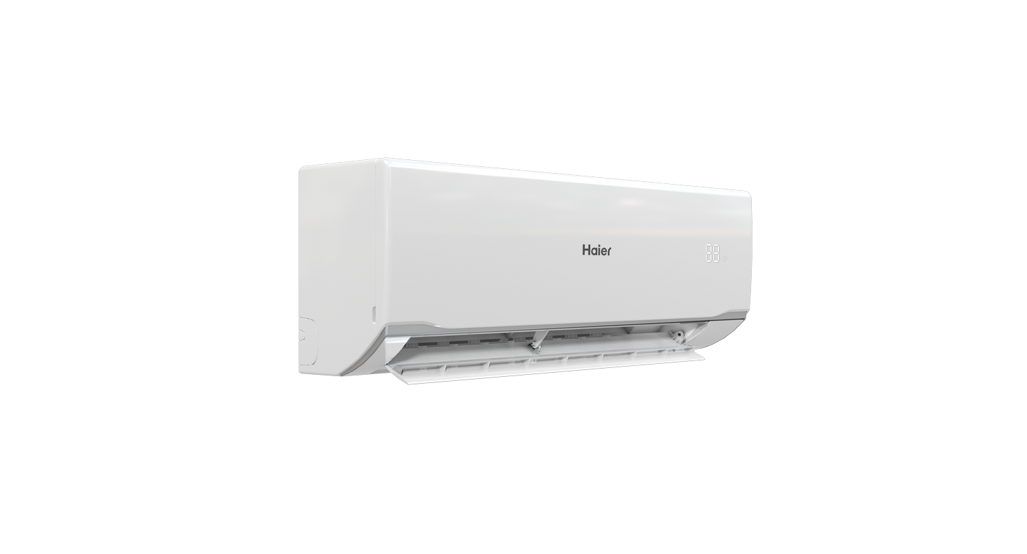Unidad interior de aire acondicionado Haier blanca con lamas abiertas.