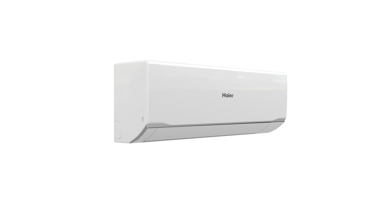 Una unidad de aire acondicionado Haier blanca con detalles grises sobre fondo gris.