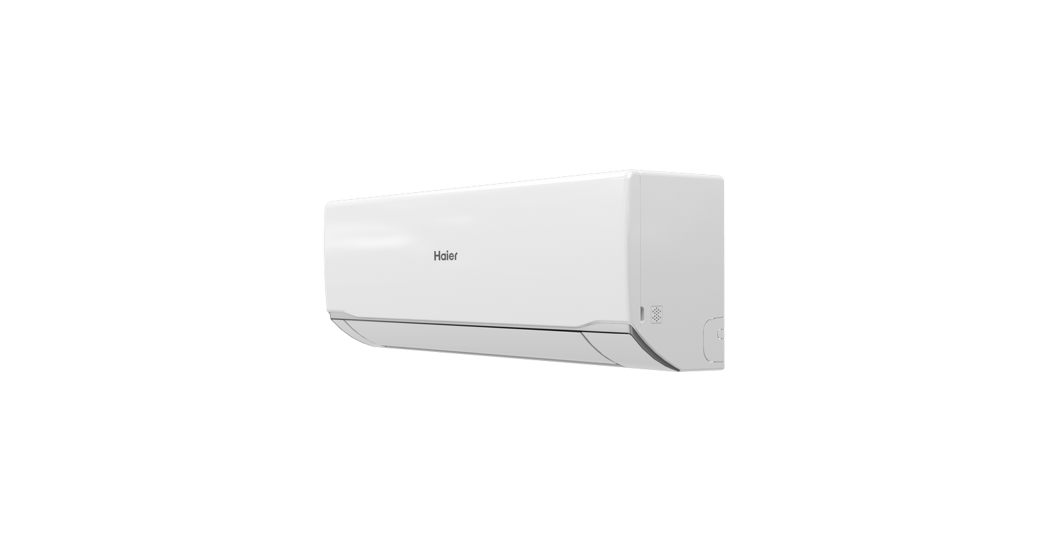 Una unidad de aire acondicionado Haier blanca con rejillas y logo sutil.