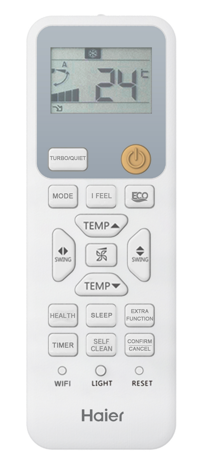 Un control remoto blanco Haier para aire acondicionado con pantalla LCD y botones.