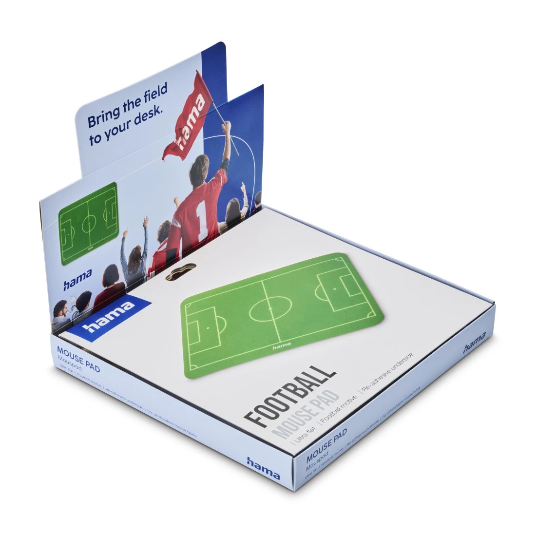 Alfombrilla de ratón de fútbol en embalaje de producto con portero y aficionados. Diseño de campo.