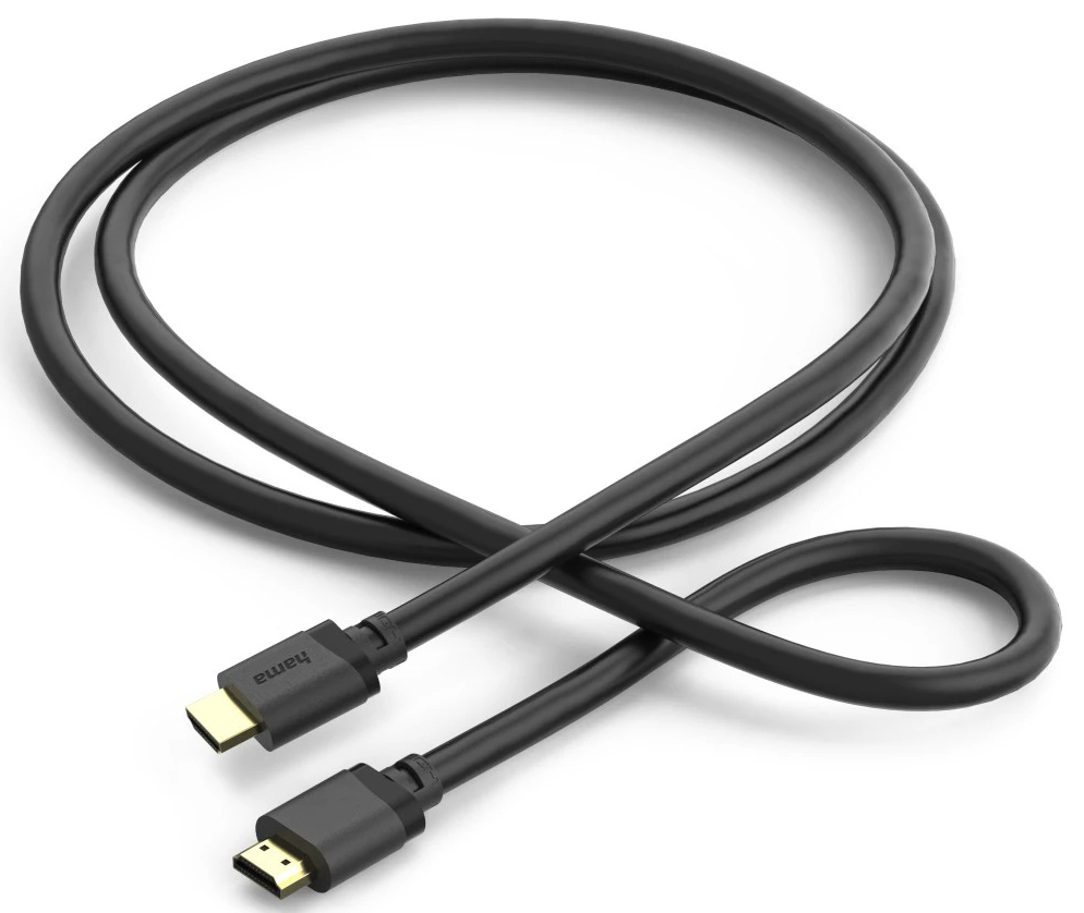 Un cable HDMI negro con conectores dorados sobre fondo blanco.