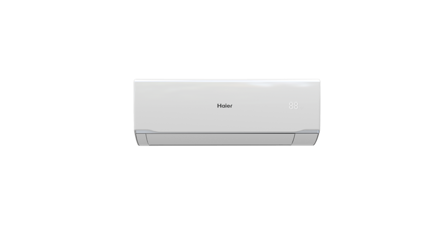 Un aire acondicionado Haier blanco con pantalla digital sobre fondo gris.