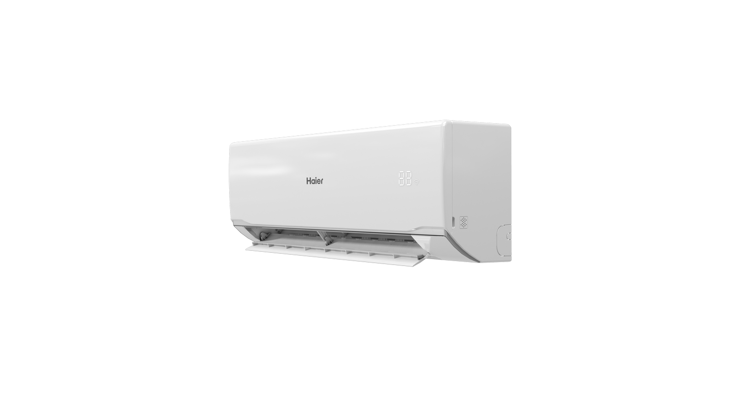 Un aire acondicionado Haier blanco con rejillas abiertas y pantalla digital.