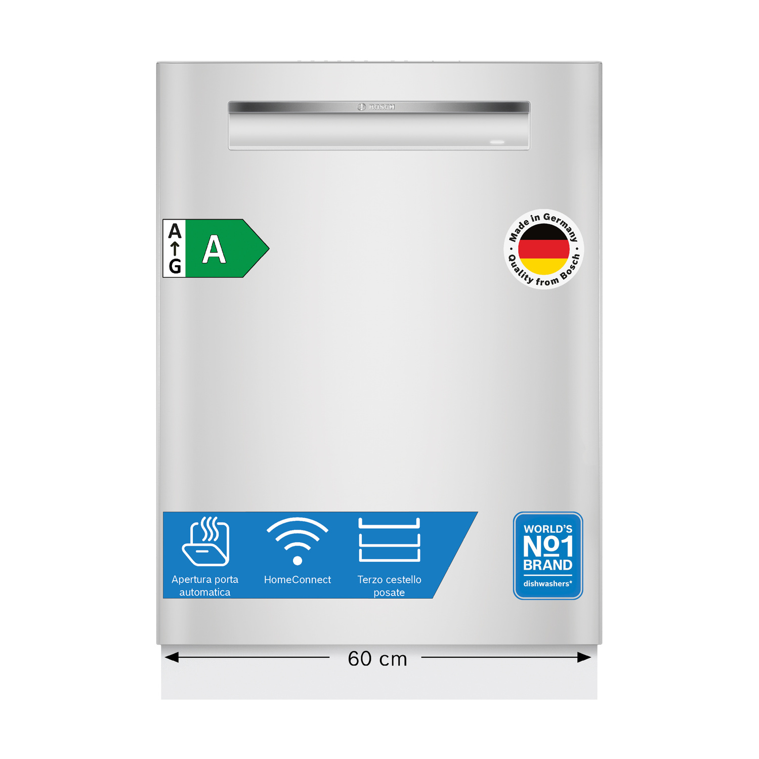 Una lavastoviglie bianca con etichetta energetica A e logo Bosch. Larga 60 cm.