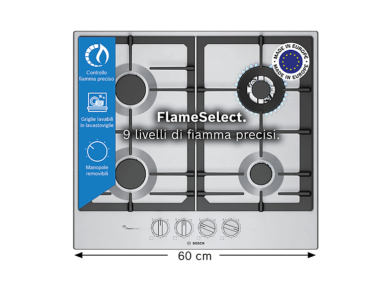 BOSCH PCH6A5I90 PIANO COTTURA GAS, 4 zone di cottura, dimensioni: L 58,2 cm, P 52 piano in Acciaio inossidabile, Inox