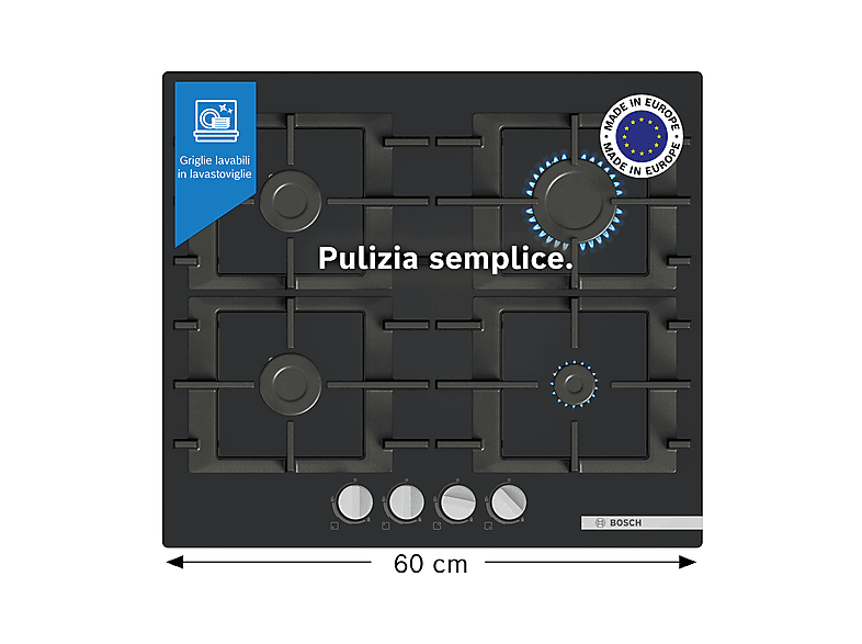 BOSCH PNP6B6K40 PIANO COTTURA GAS, 4 zone di cottura, dimensioni: L 59 cm, P 52 Vetro Nero