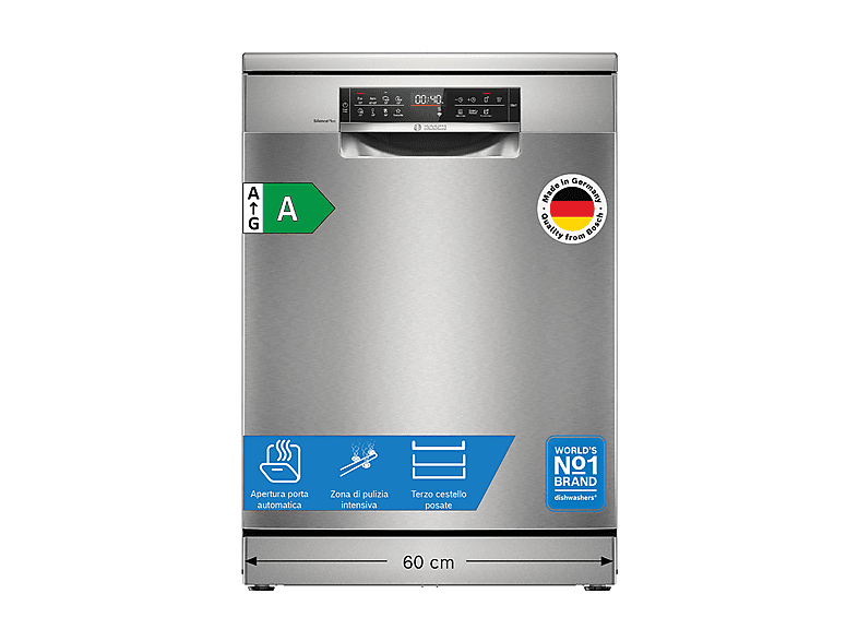LAVASTOVIGLIE Libera installazione (FS) BOSCH SMS8ECI02E, Programmi 7, Dimensioni: L 60 cm, A 84,5 P Rumorosità 42 dB(A), Consumo di acqua 9,5 l, Acciaio anti-impronta, Classe
