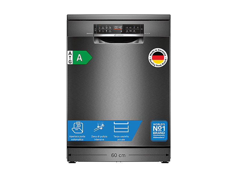 LAVASTOVIGLIE Libera installazione (FS) BOSCH SMS6ECC12E, Programmi 8, Dimensioni: L 60 cm, A 84,5 P Rumorosità 42 dB(A), Consumo di acqua 9 l, Acciaio nero anti-impronta, Classe