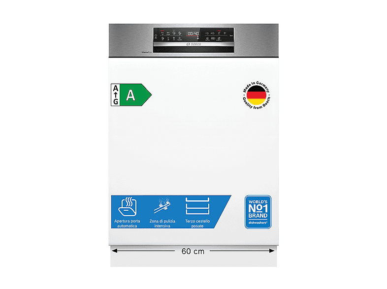 LAVASTOVIGLIE INCASSO Pannello frontale non in dotazione BOSCH SMI6ECS12E, Programmi 8, Dimensioni: L 59,8 cm, A 81,5 P 57,3 Rumorosità 42 dB(A), Consumo di acqua 9 l, Acciaio spazzolato, Classe