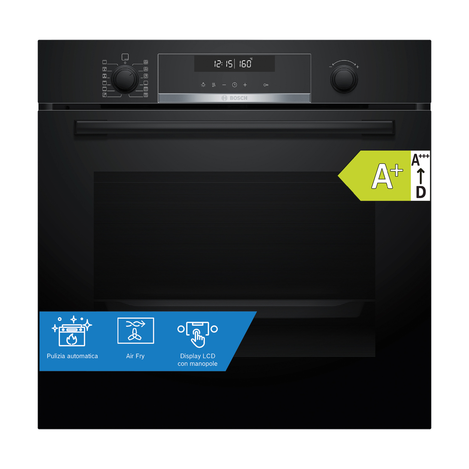 Forno Bosch nero con display digitale, manopola e etichetta energetica A+.