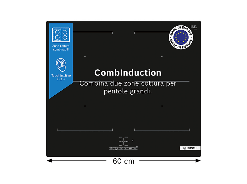 BOSCH PVQ611BB6E PIANO COTTURA A INDUZIONE, 4 zone di cottura, dimensioni: L 59,2 cm, P 52,2 piano in Vetroceramica, Nero