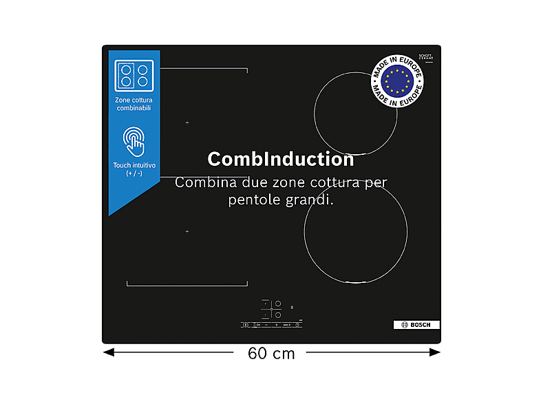 BOSCH PVS611BB6E PIANO COTTURA A INDUZIONE, 4 zone di cottura, dimensioni: L 59,2 cm, P 52,2 piano in Vetroceramica, Nero