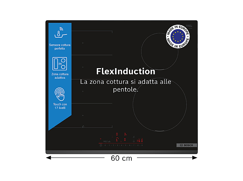 BOSCH PIX631HC1E PIANO COTTURA, 6 zone di cottura, dimensioni: L 59,2 cm, P 52,2 piano in Vetroceramica, Nero