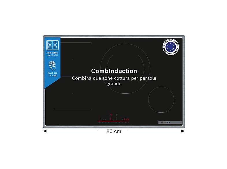 BOSCH PVS845HB1E PIANO COTTURA A INDUZIONE, 4 zone di cottura, dimensioni: L 80,2 cm, P 52,3 piano in Vetroceramica, Nero