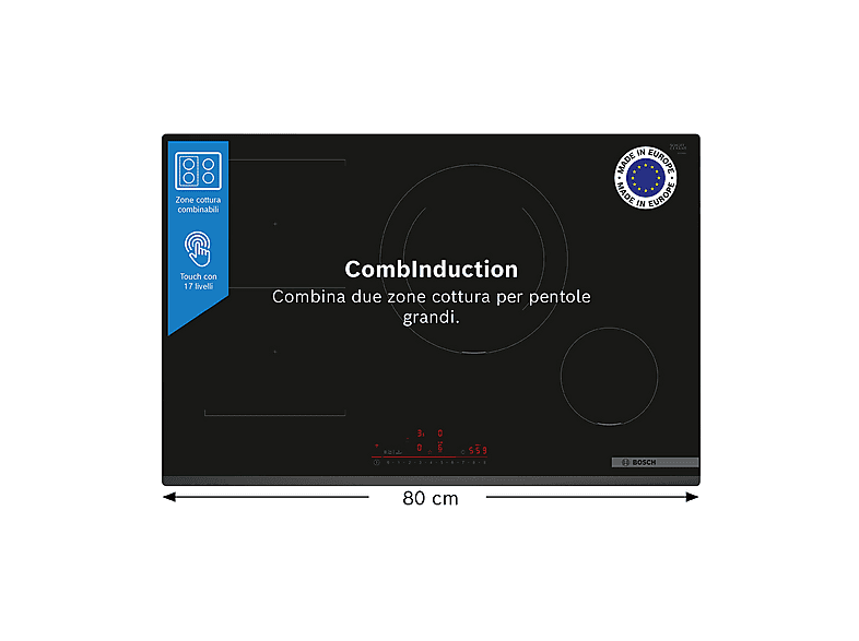 BOSCH PVS831HB1E PIANO COTTURA A INDUZIONE, 4 zone di cottura, dimensioni: L 80,2 cm, P 52,2 piano in Vetroceramica, Nero