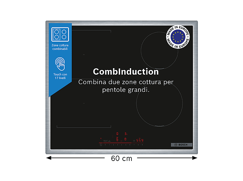 BOSCH PVS645HB1E PIANO COTTURA A INDUZIONE, 4 zone di cottura, dimensioni: L 58,3 cm, P 51,3 piano in Vetroceramica, Nero