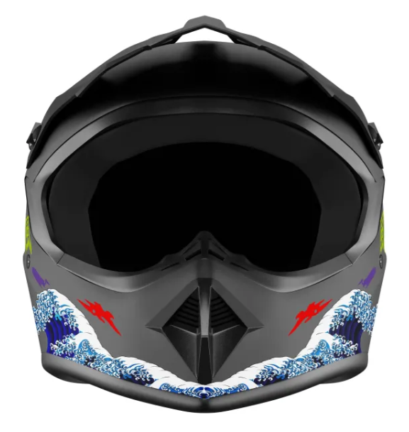 Ciemnoszary kask z motywem fal i czerwonymi akcentami błyskawic.