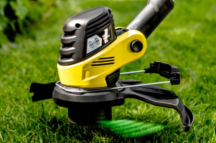 Żółto-czarny podkaszarka spoczywa na zielonej trawie.