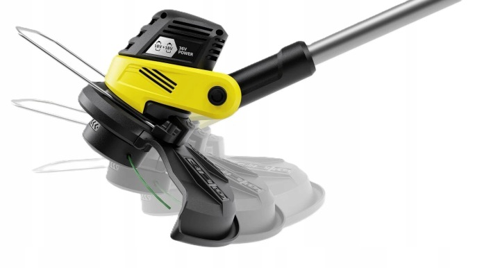 Zbliżenie żółto-czarnej podkaszarki z srebrnym trzonkiem na białym tle.