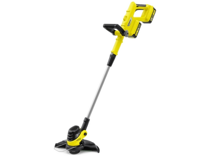 Żółty i szary podkaszarka akumulatorowa z czarnym uchwytem i głowicą tnącą.