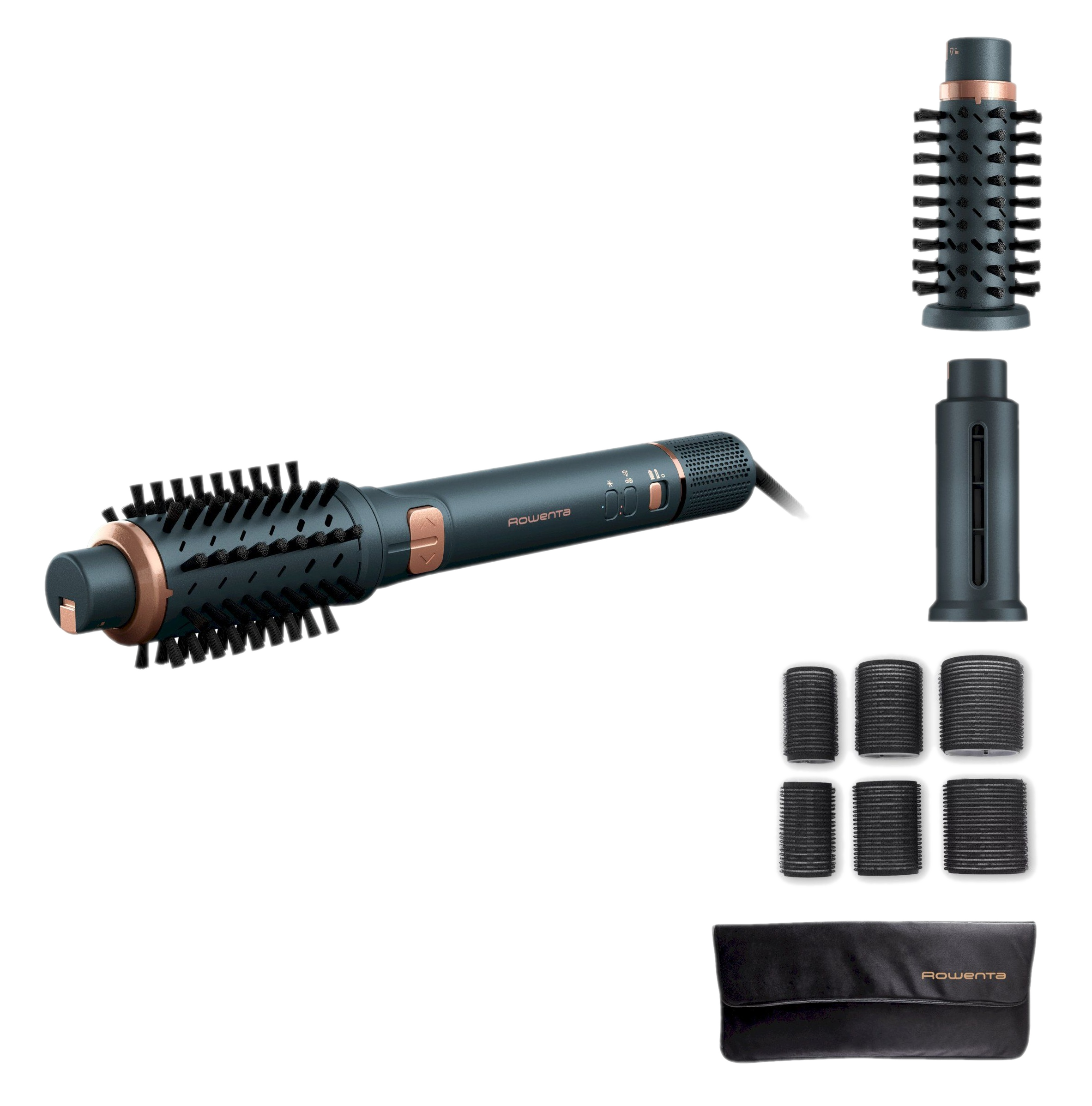 Ciemna suszarka do włosów z nasadkami szczotkowymi, wałkami i etui.