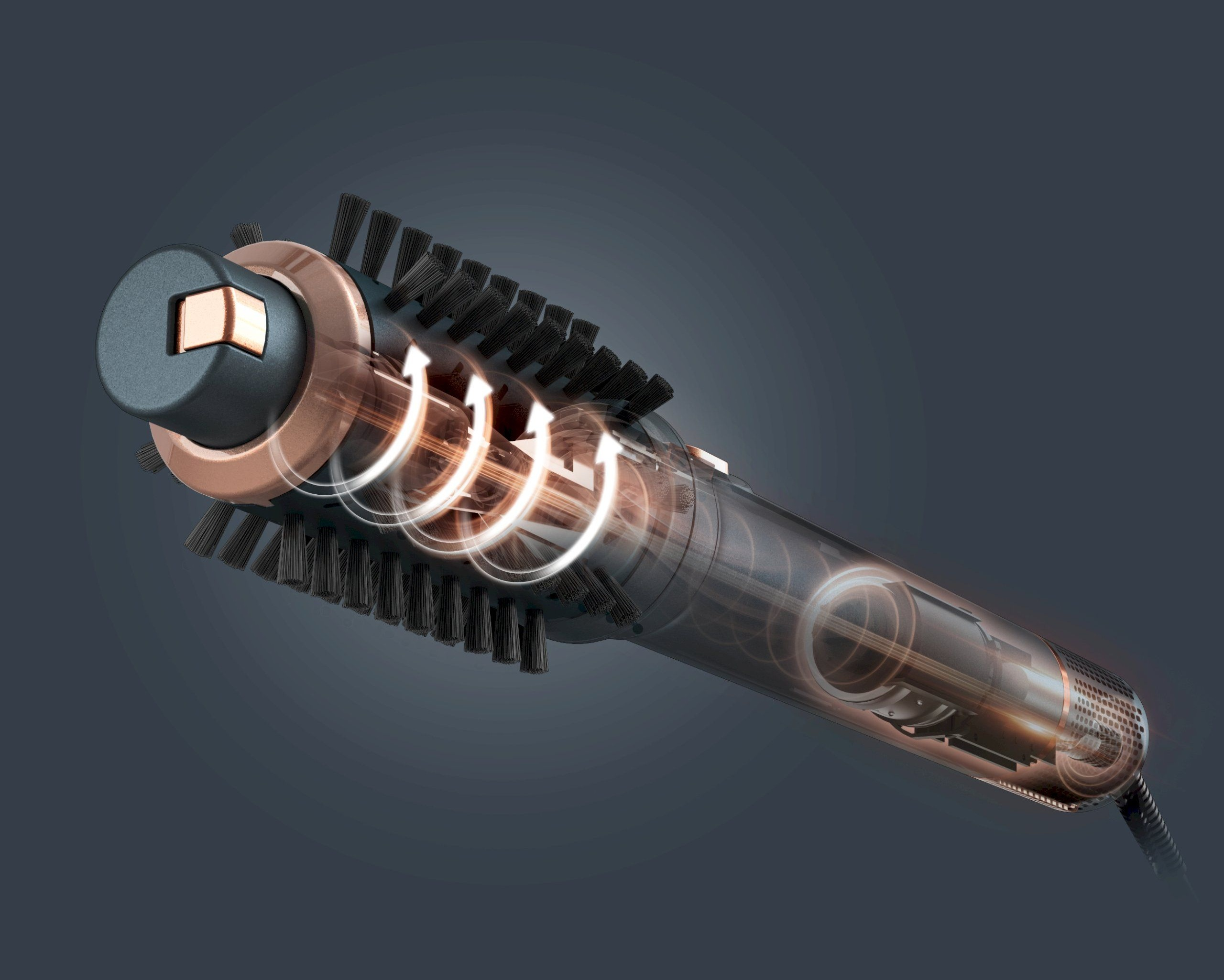 Obrotowa lokówka z czarnymi szczotkami i miedzianymi akcentami, pokazująca przepływ powietrza.