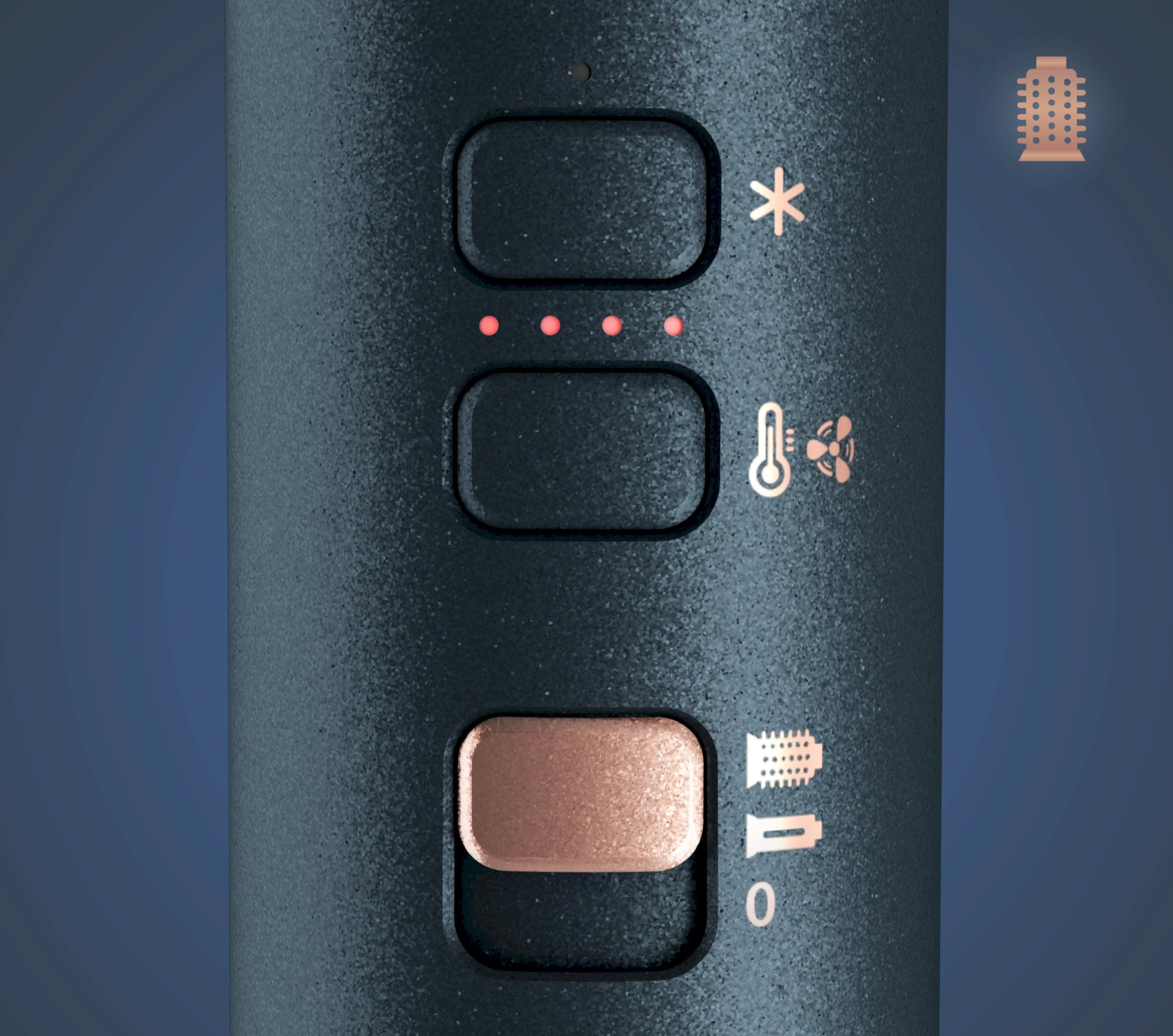 Trzy przyciski na ciemnym urządzeniu: zimny nawiew, temp/przepływ powietrza, ustawienie 0.