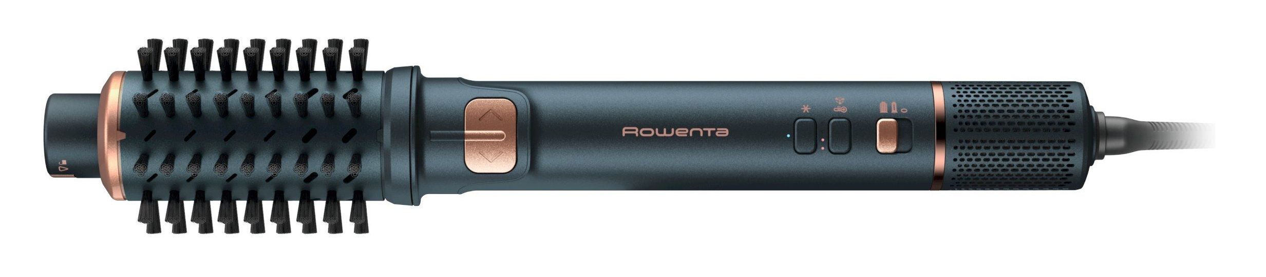 Granatowa suszarka do włosów Rowenta z różowo-złotymi detalami i szczotką.