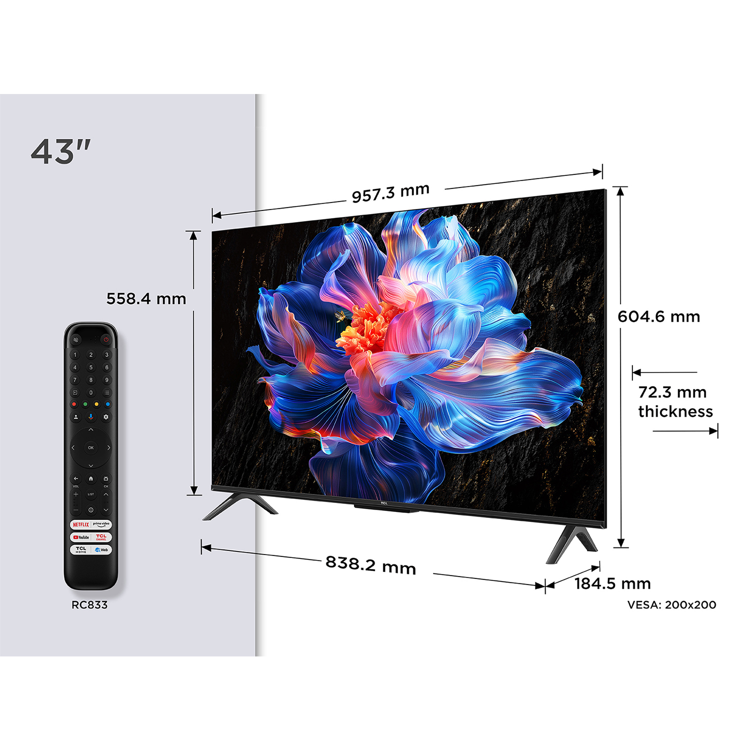 43-Zoll-Fernseher mit detaillierten Abmessungen, Fernbedienung und buntem Blumenbildschirm.