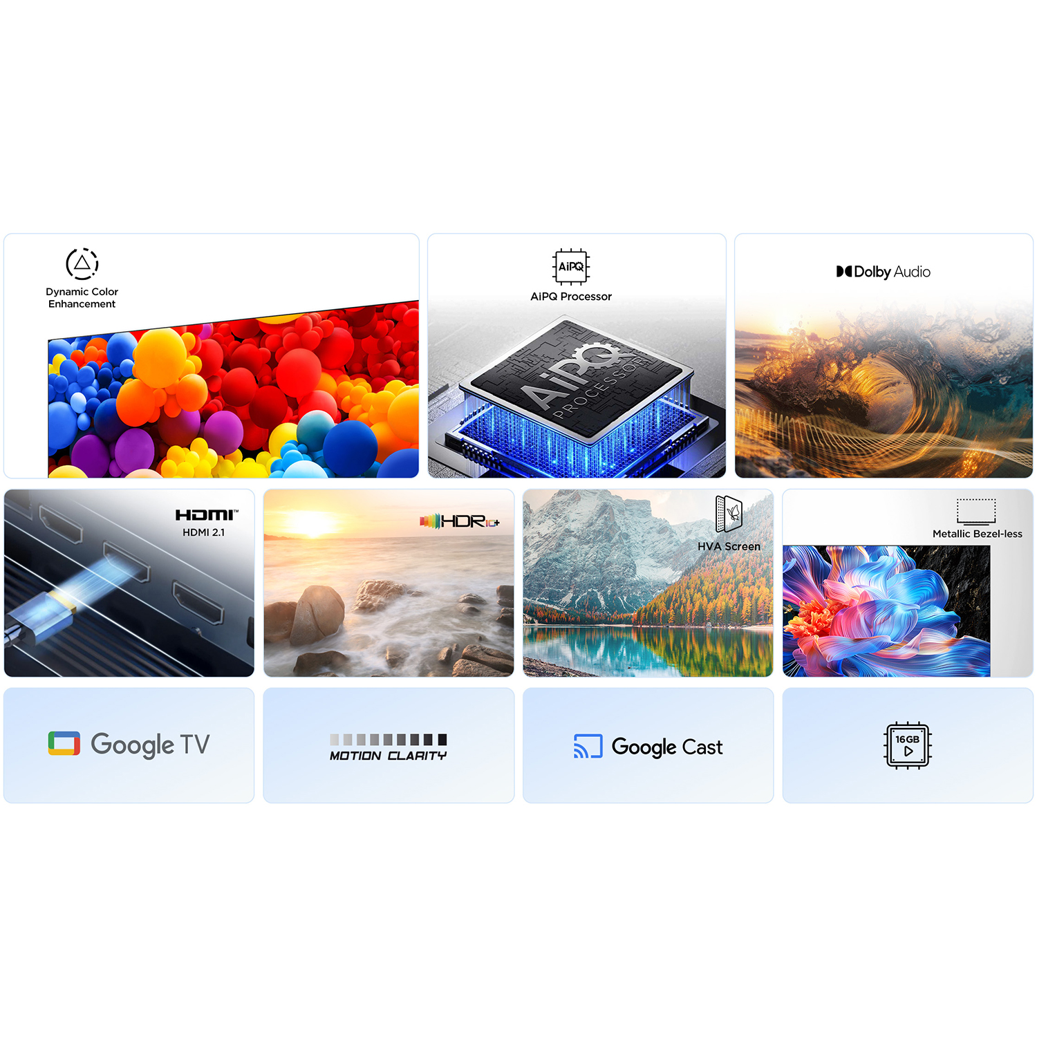 TV-Funktionen: Farbverbesserung, Prozessor, Dolby Audio, HDMI 2.1, HDR, HVA, Google TV/Cast.