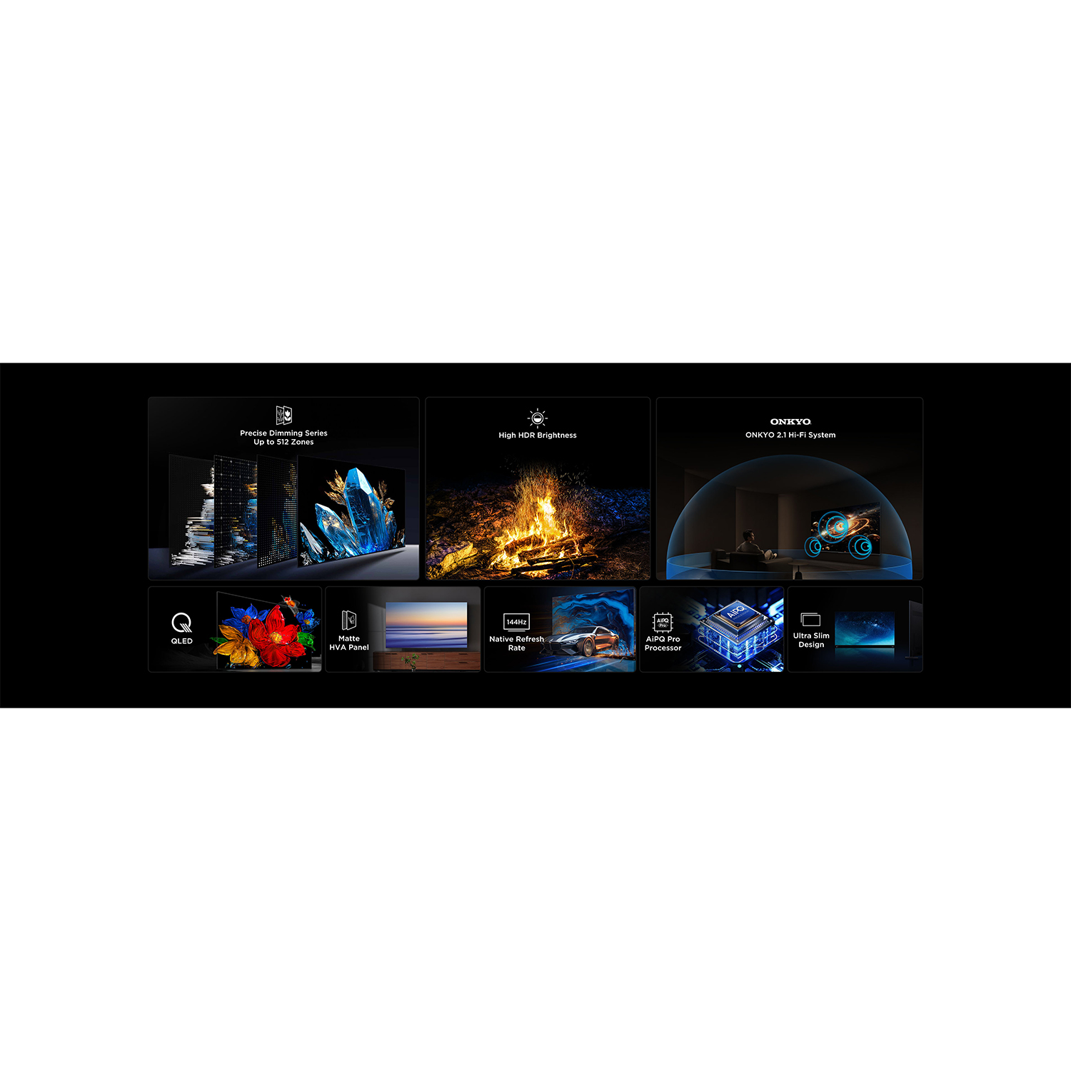 Produktübersicht mit QLED, Dimming, HDR, 144Hz, AiPQ Pro Prozessor, Ultra Slim Design.
